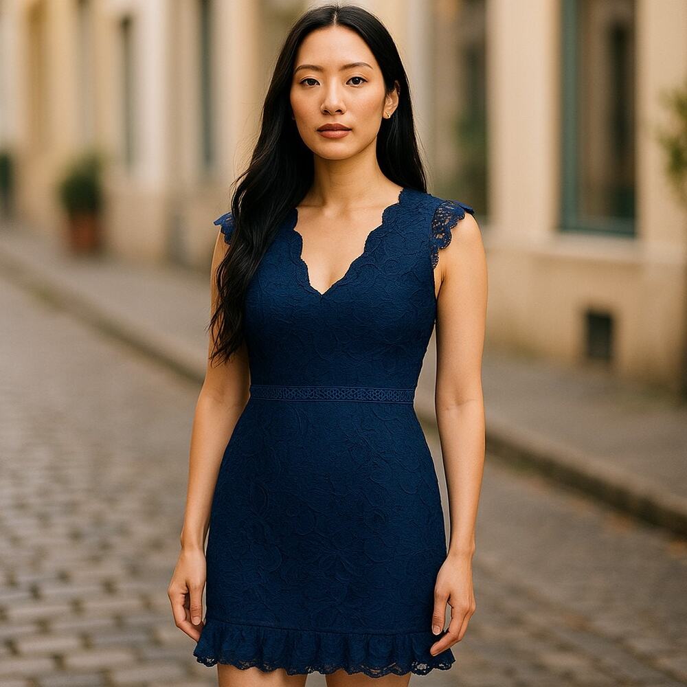 Cooper St. Womens Dress Size 4 Navy Blue‎ Lace Sheath Deep V-Neck Sexy Short NEW - Picture 2 of 8